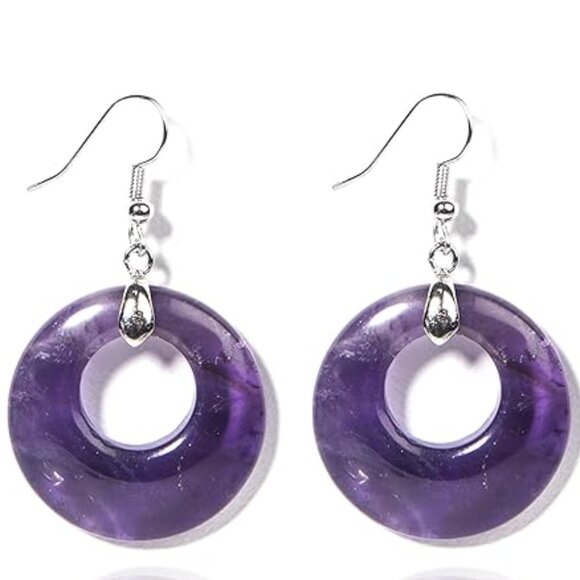 Amethyst Natural Stone Gemstone Healing Round Donut Dangle Earrings - Picture 2 of 2